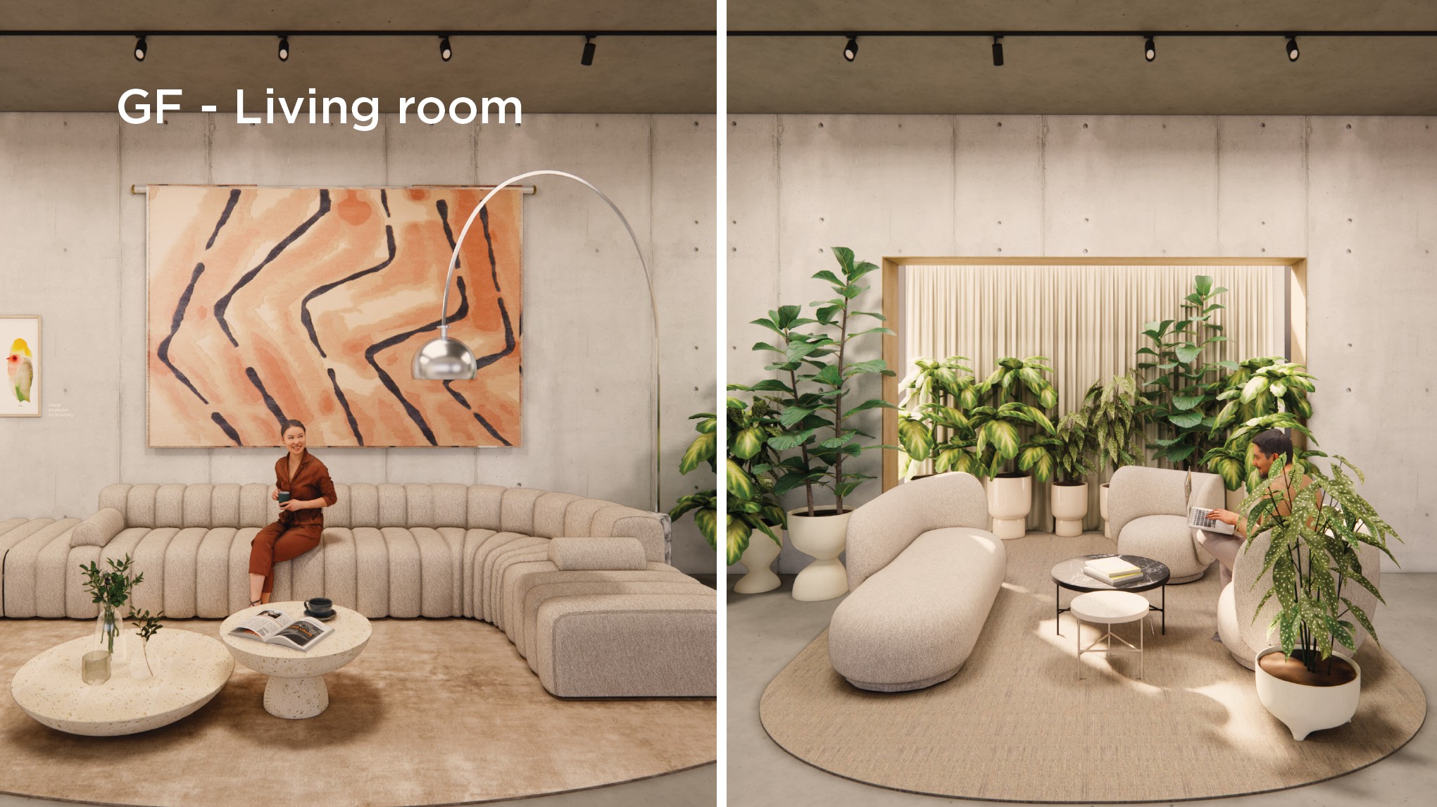 Moderne woonkamer in Fred. Roeskestraat met stijlvolle meubels, kunst aan de muur en veel groen.